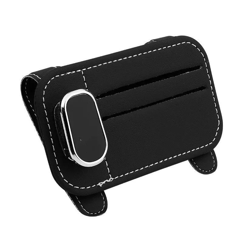 Cowhide leather automotive sun louver card holder with sunglasses clip in multiple colour options