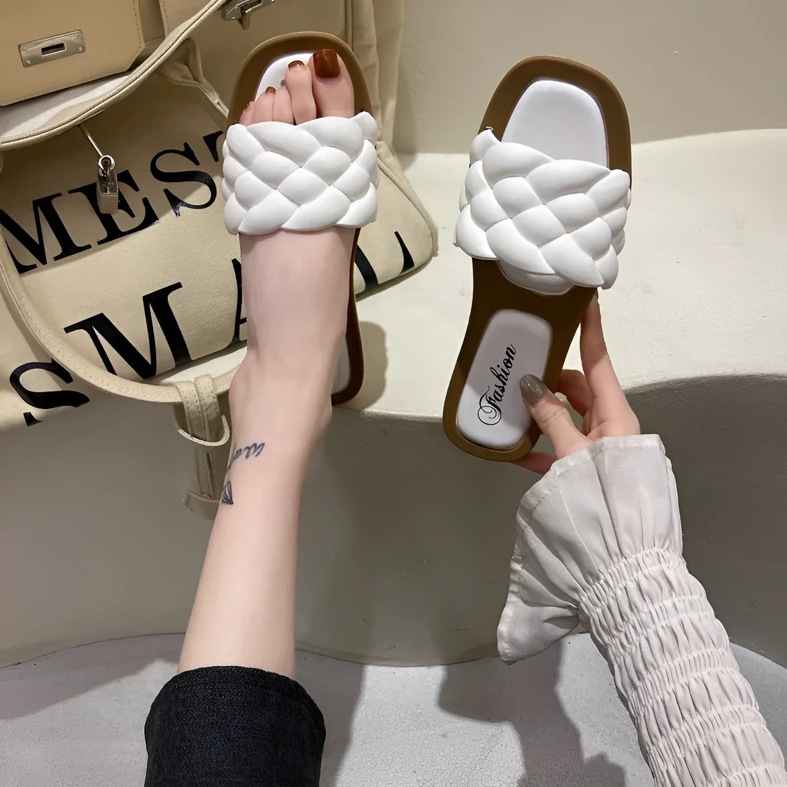 Women's plaid pattern PVC beach sandals with a thick anti-skid sole in black, green, orange, or white.