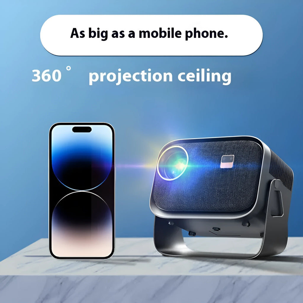 Android 4K smart projector displaying 1080p content with mobile screen mirroring capability