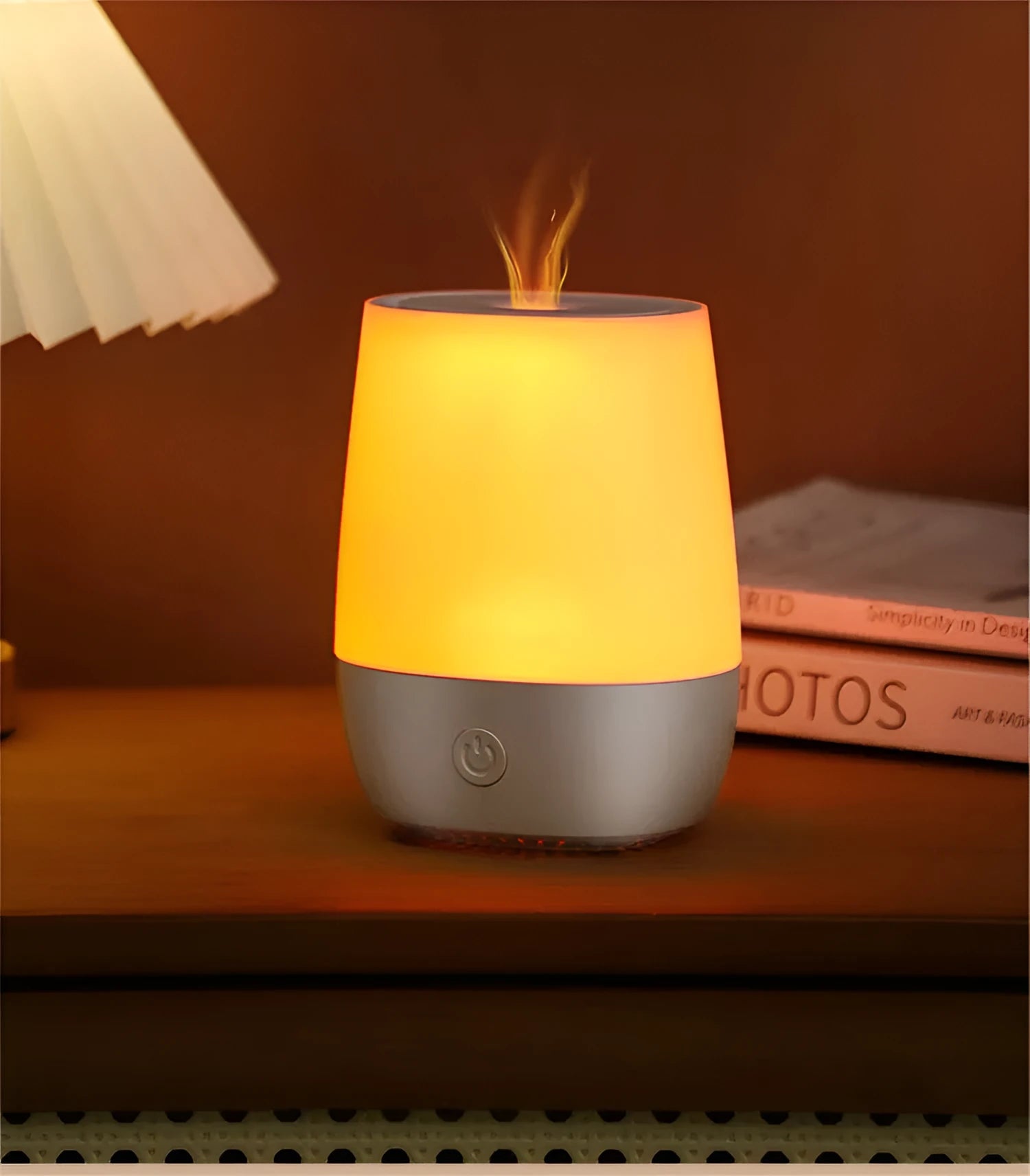 White USB aroma diffuser with flame effect lighting and water tank for essential oils