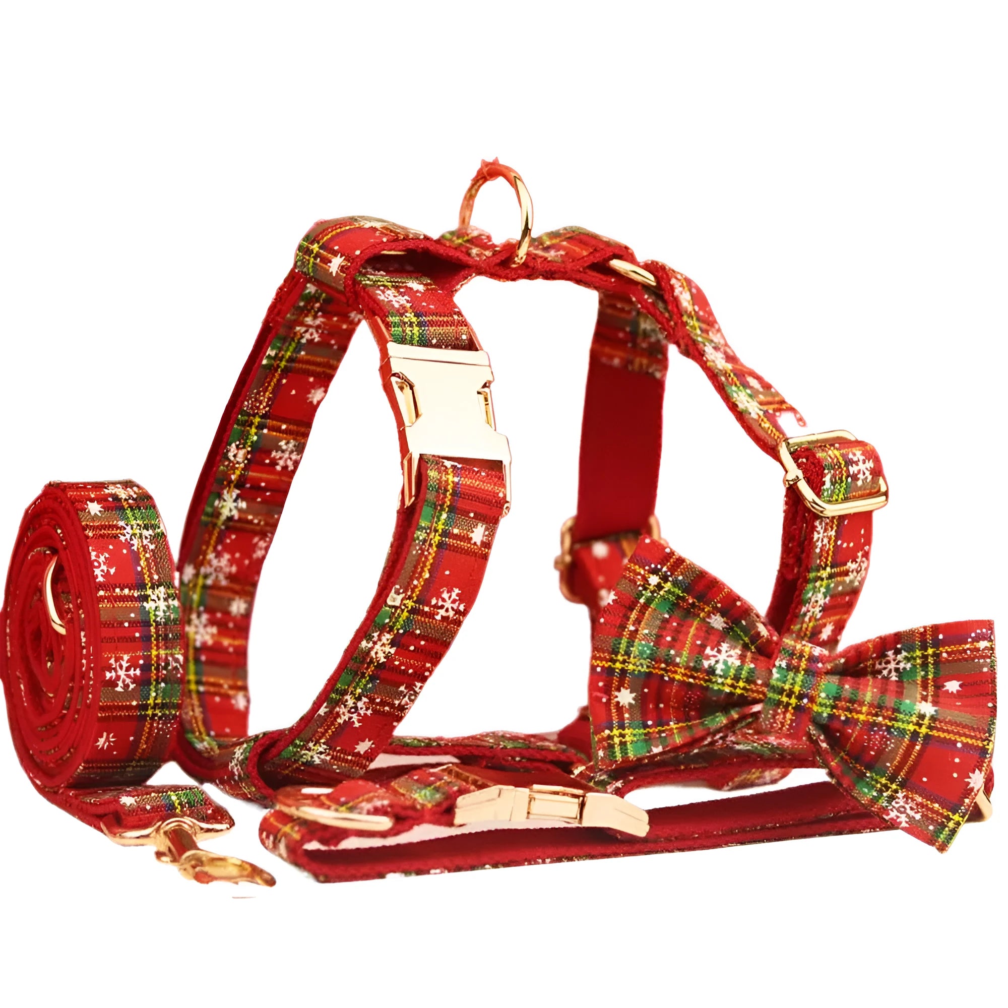 Red snowflake plaid Christmas pet collar and leash set with matching dog vest and decorative bow