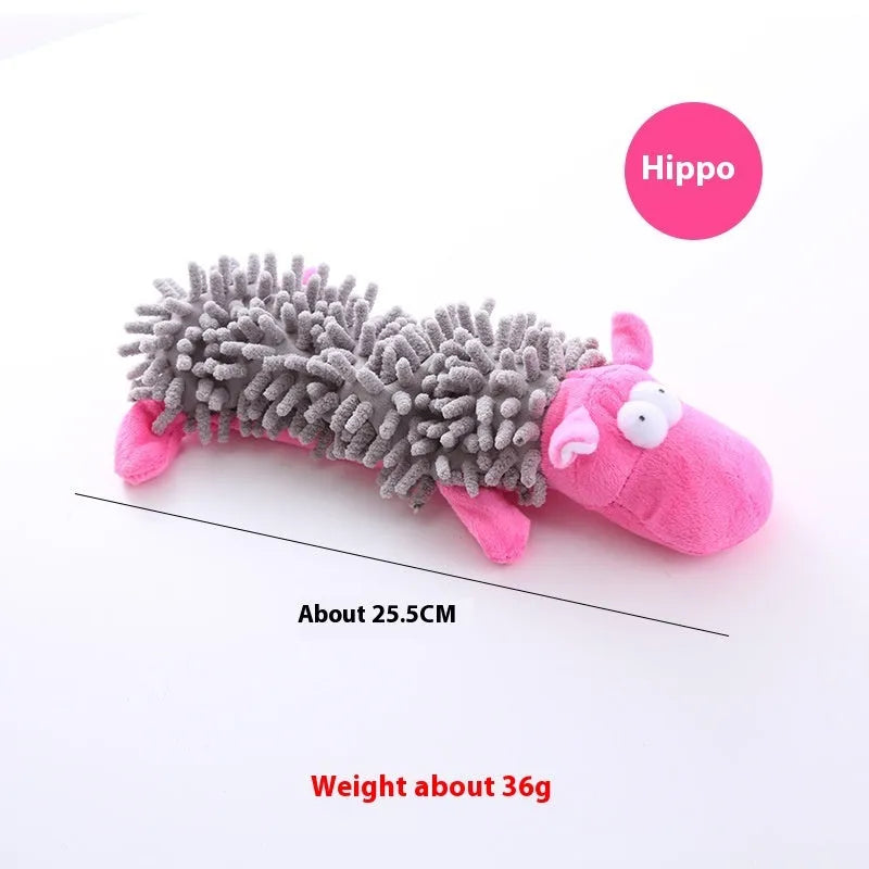 Plush dog toy with microfiber horse molar texture in six animal designs including dog, duck, chicken, pig, frog, and hippo