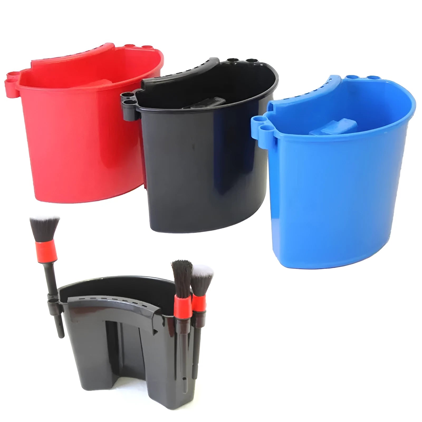 A durable PP plastic car washing bucket available in black, blue, pink, or red.