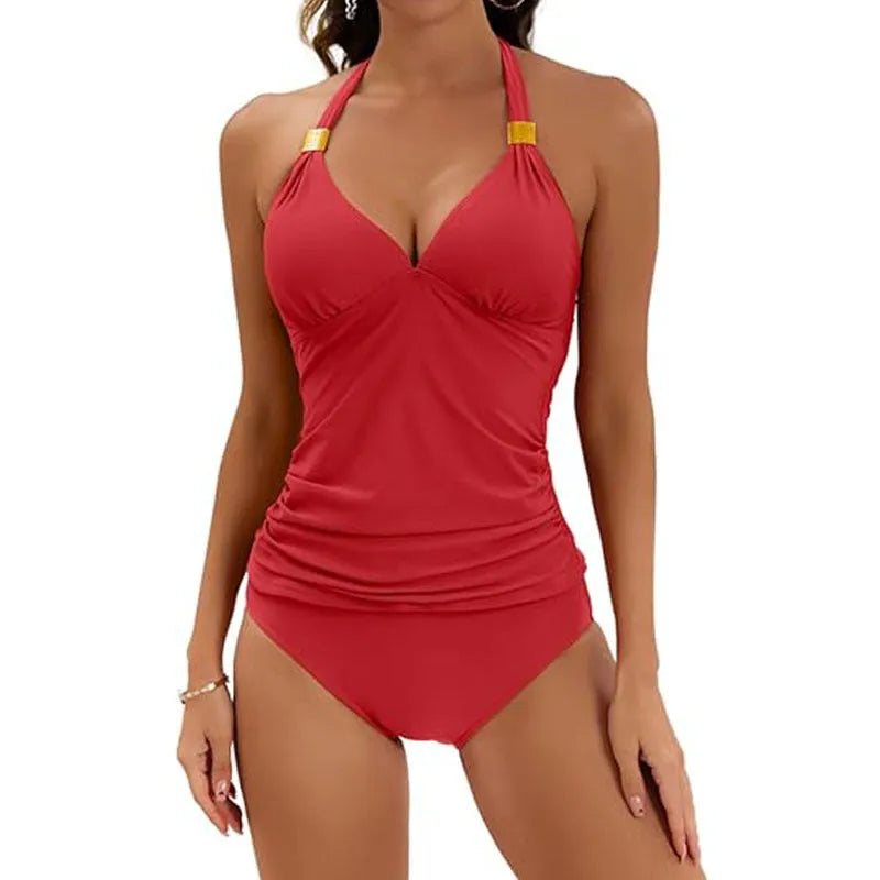Women's halter neck two-piece swimsuit with tie front and high-waisted shorts in solid colour