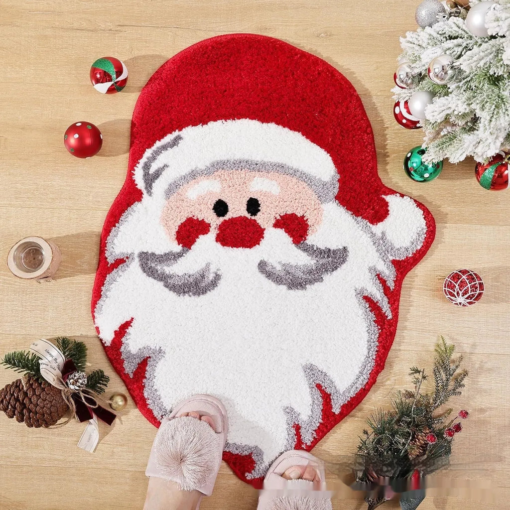 Christmas-themed polyester hallway mat with festive Santa Claus design and non-slip backing