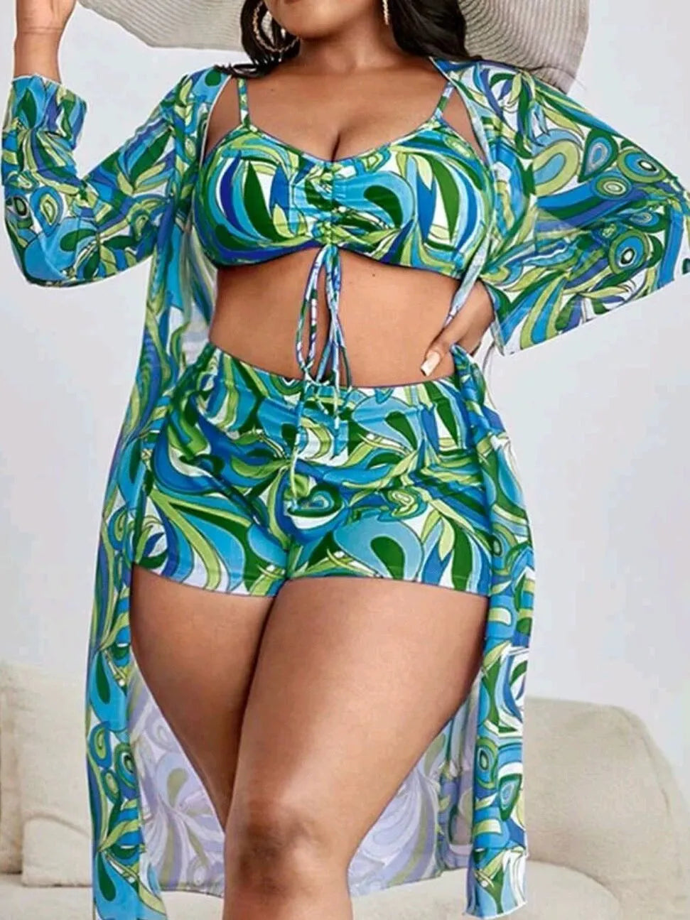Women's floral patterned three-piece bikini set showing bra, shorts, and cardigan in plus sizes
