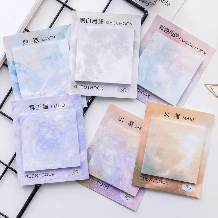 Square planet sticky notes notepad showing oil painting artwork with space themes