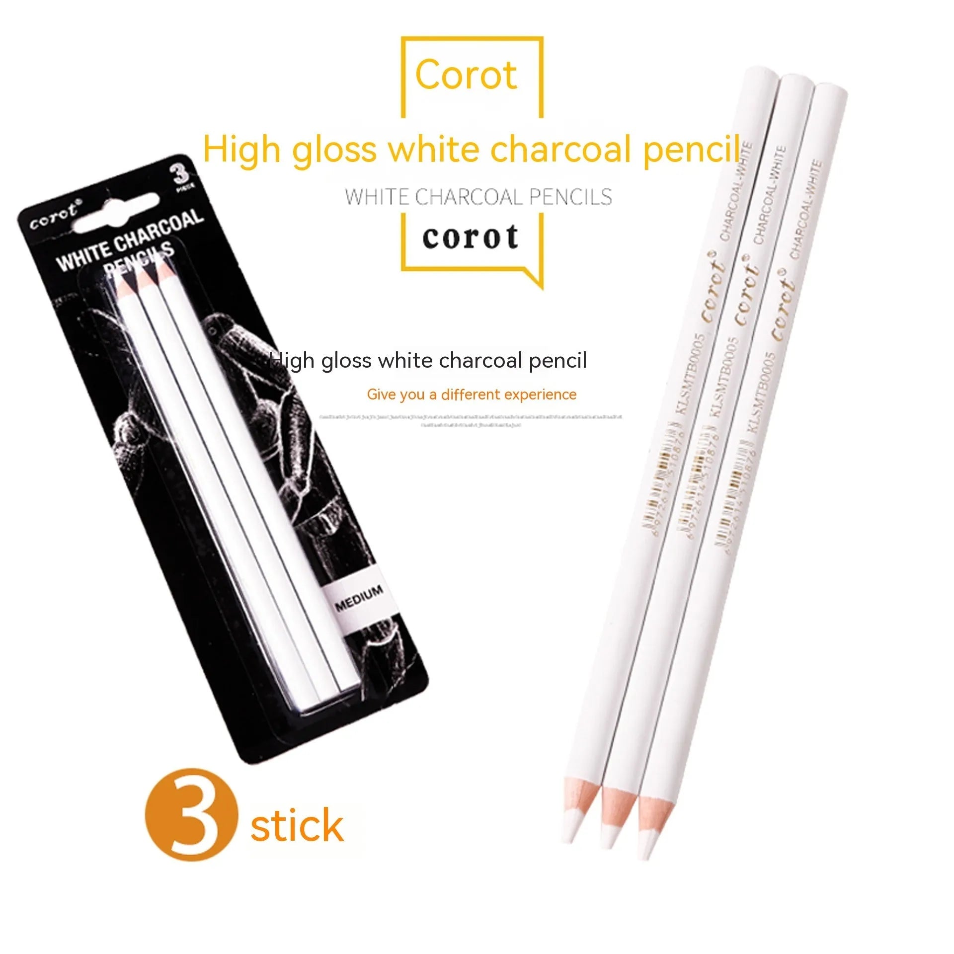 Three white charcoal sketching pencils with wooden casings and a visible refillable brush tip.