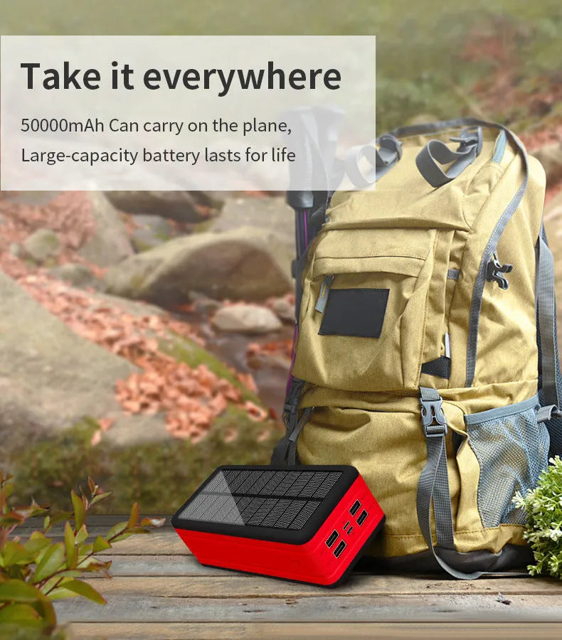 Large capacity solar wireless power bank in black with coloured accents showing solar panel and wireless charging surface