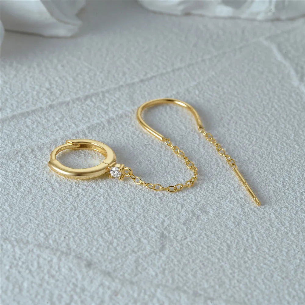 S925 sterling silver geometric ear studs with flower, tassel and chain design in gold colour options