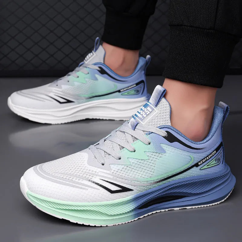 Men's woven mesh casual sneakers in black, black blue, and grey green colours with rubber sole