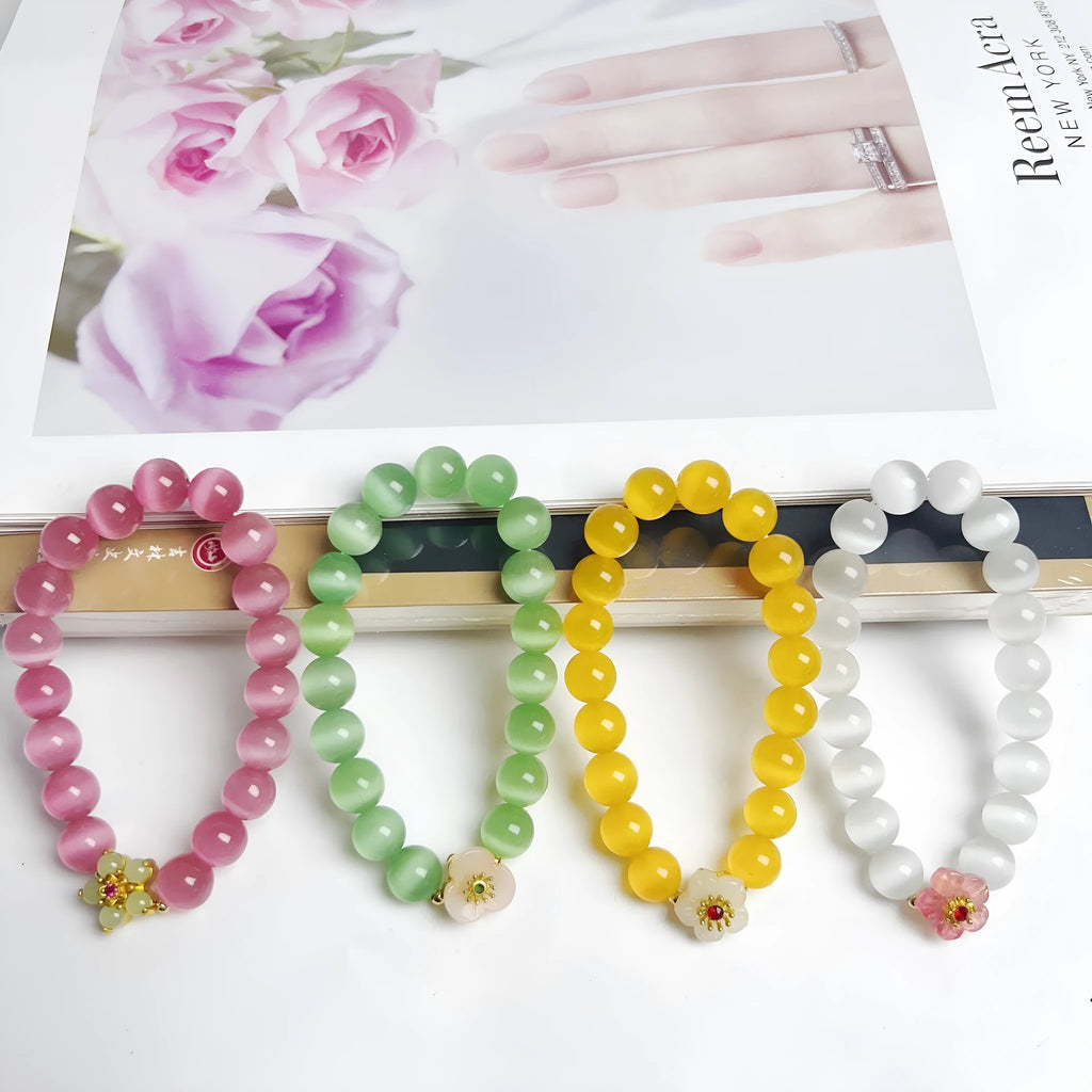 Handmade floral glass bead bracelet women's jewellery in yellow, pink, white or green colour options