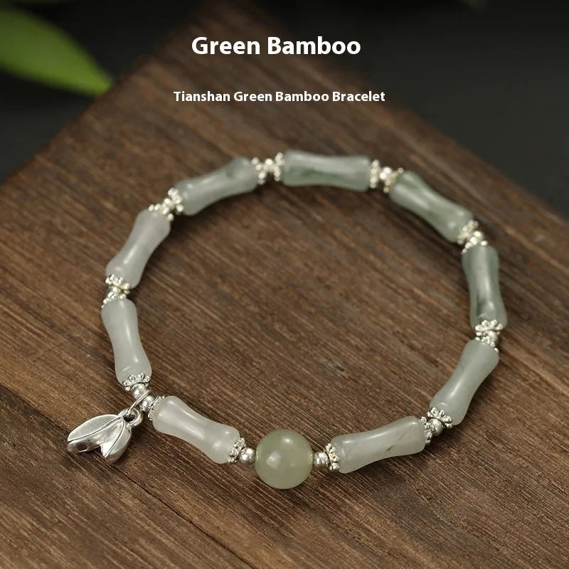 Antique sterling silver bracelet with natural Tianshan green bamboo segments for women
