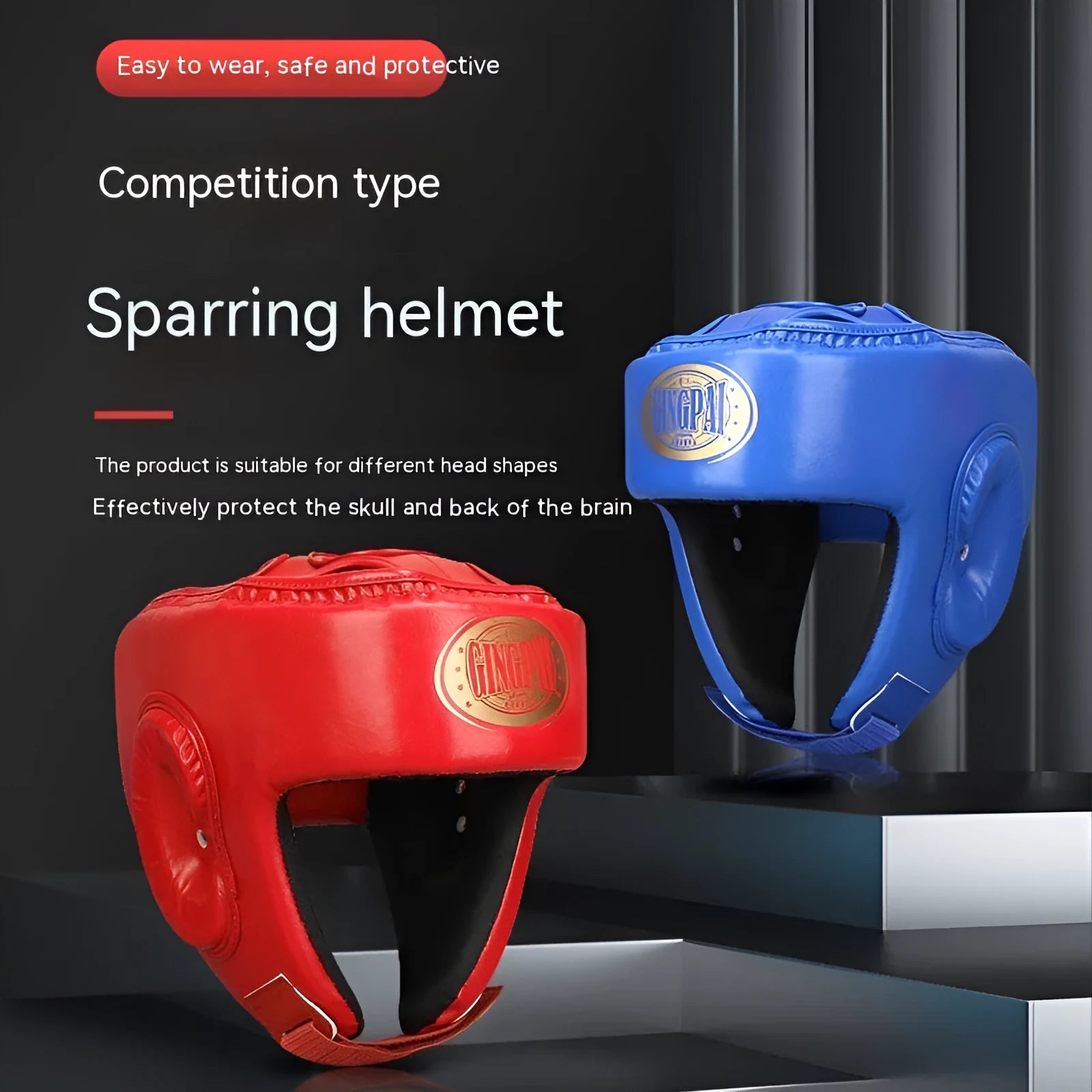 Red fully enclosed boxing helmet with jaw protection on white background
