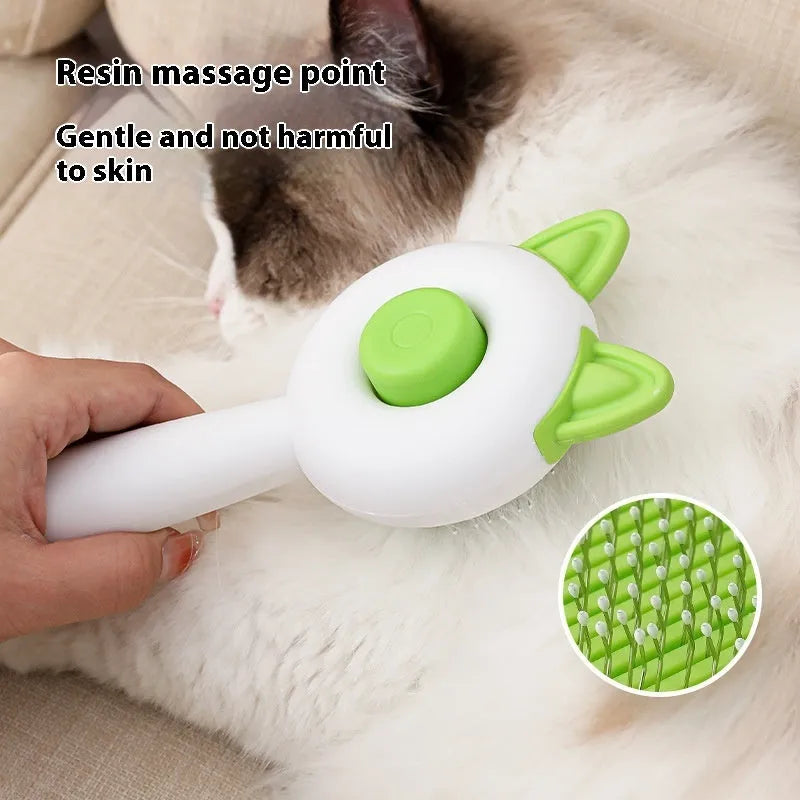 Self-cleaning cat grooming comb with stainless steel teeth in greenish white colour option