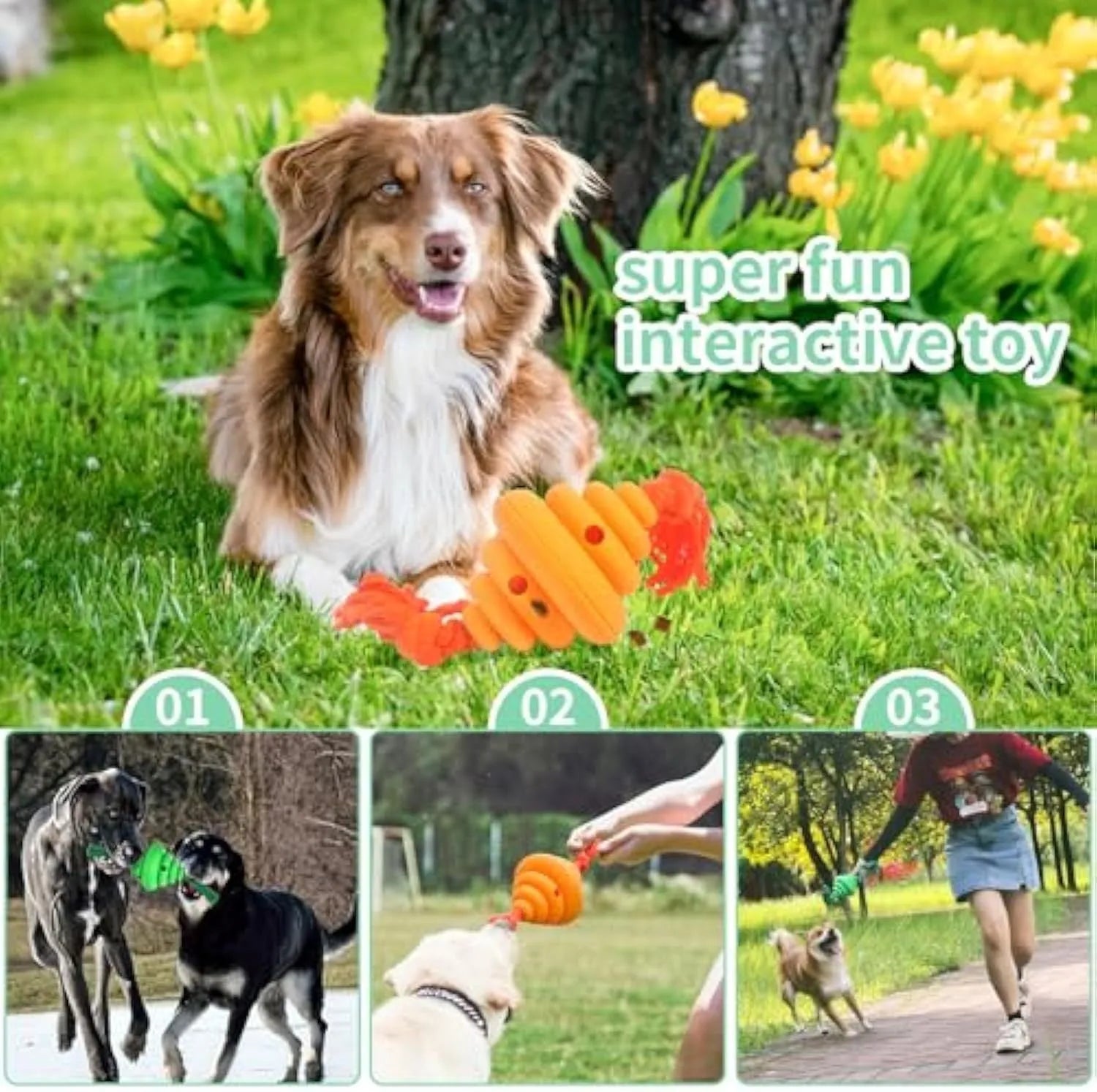 Green and yellow dog ball with rope attachment, showing treat-dispensing hole.