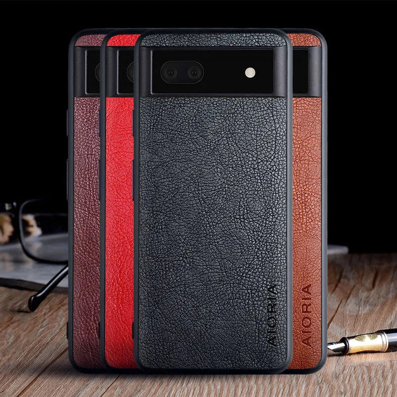 Google Pixel 6A phone case in PU leather with glass back protection in business classic style