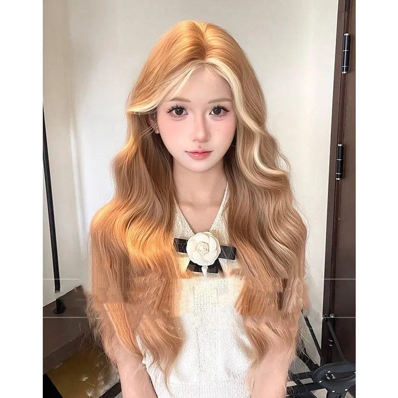One-word lace long curly wig in American highlight gold colour with high-temperature fibre hair