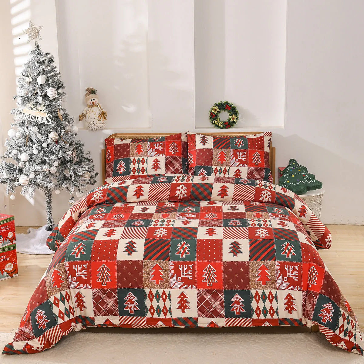 Christmas red plaid chemical fibre bedding three-piece set with quilt cover and pillowcases