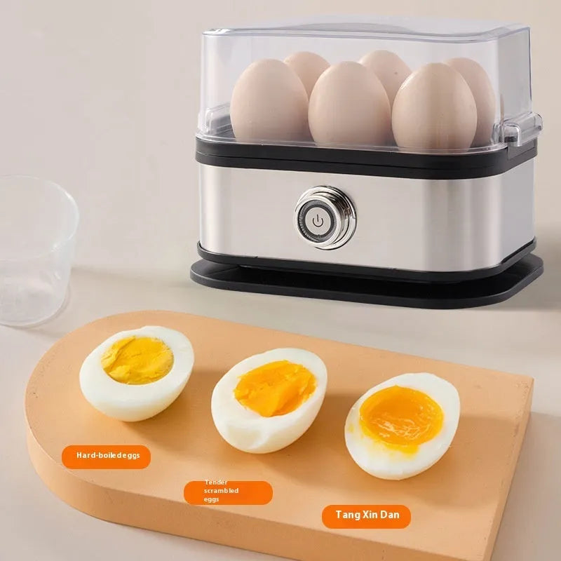 Black portable stainless steel egg boiler with international power adapters for travel use