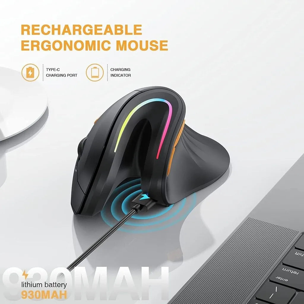 Black vertical Bluetooth mouse with RGB lighting showing ergonomic hand position