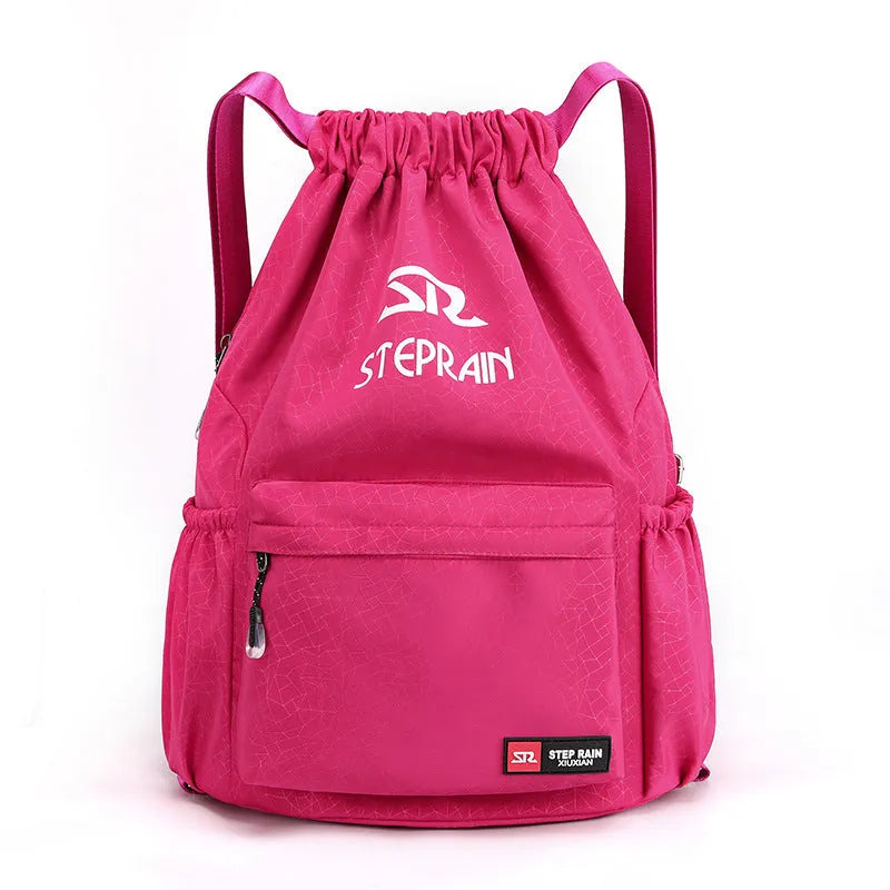 Solid colour drawstring backpack in Oxford cloth with water pillow belt system showing large and small size options