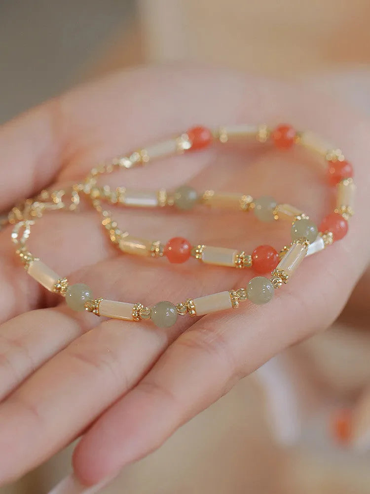 Women's bamboo bracelet with 6mm Hetian jade beads and bamboo joint decorative elements