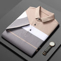 Men's combed cotton striped stitching polo shirt light business style in medium apricot regular fit