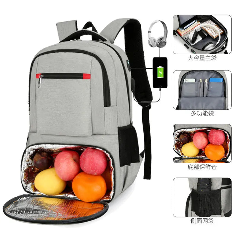 Light grey Oxford cloth insulated backpack with curved shoulder straps and a pull rod belt attached.