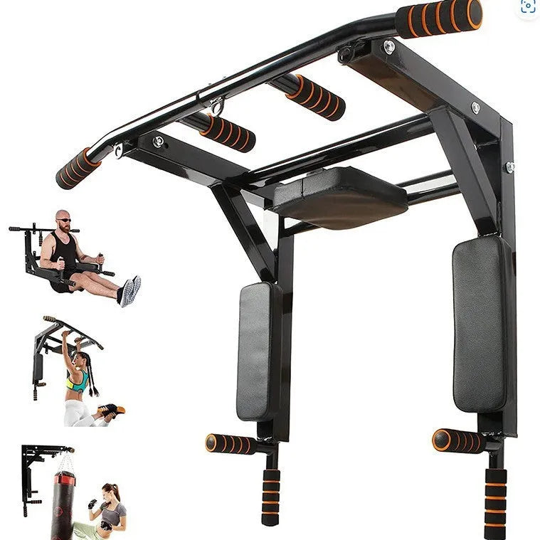 Black wall-mounted fitness rack with parallel bars and sandbag mounting points