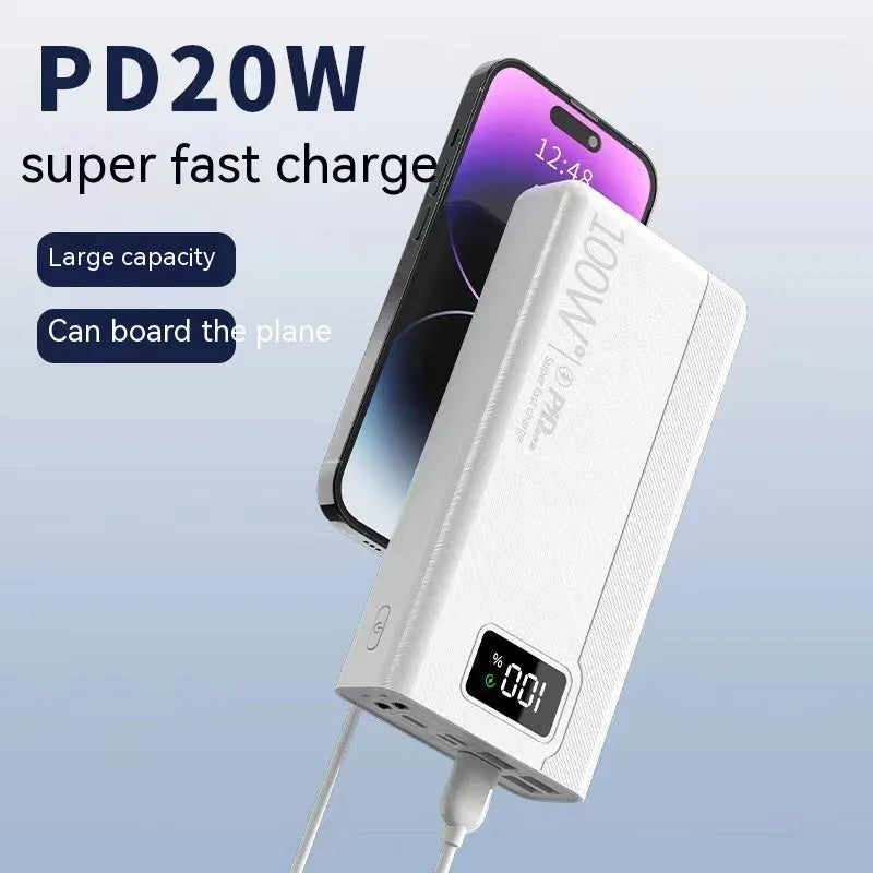 Large capacity power bank in black or white plastic case with dimensions 150×76mm