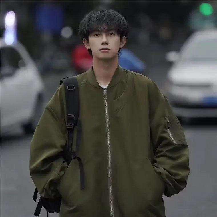 Men's loose pilot jacket in gray, black, and green, cotton blend with polyester lining, long sleeve straight hem Korean style