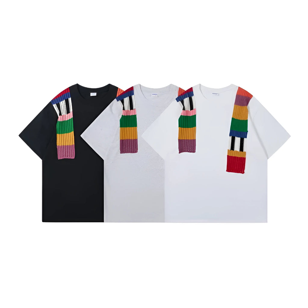 Loose fit short sleeve cotton pullover with colour patchwork design and letter pattern