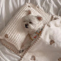 Bear design dog bed set showing pillow, mattress and quilt in soft polyester fabric