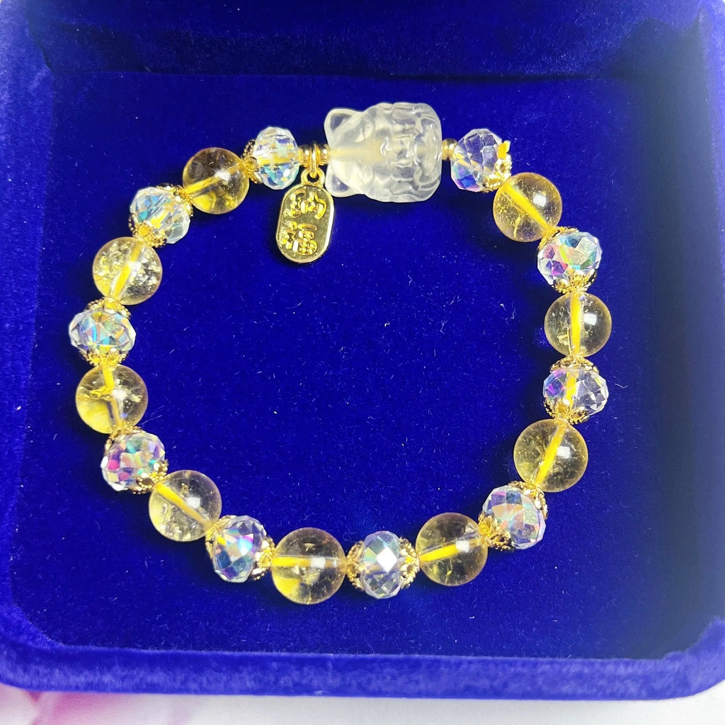 Original design natural citrine bracelet with detailed silver nine-tail fox charm for women
