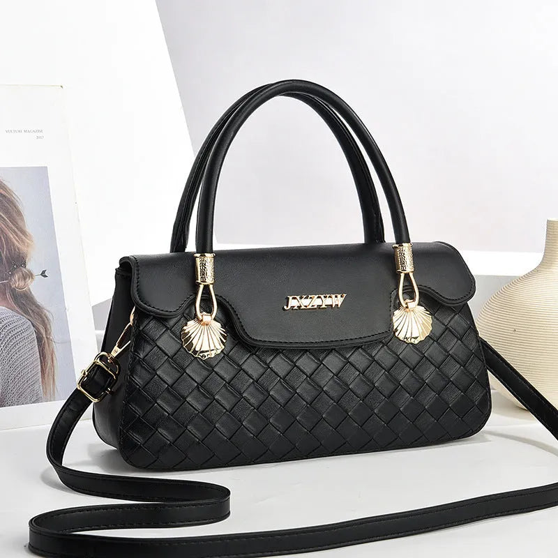 Women's cross-body handbag vintage letter-print PU leather medium 28x9x15cm brown colour front view