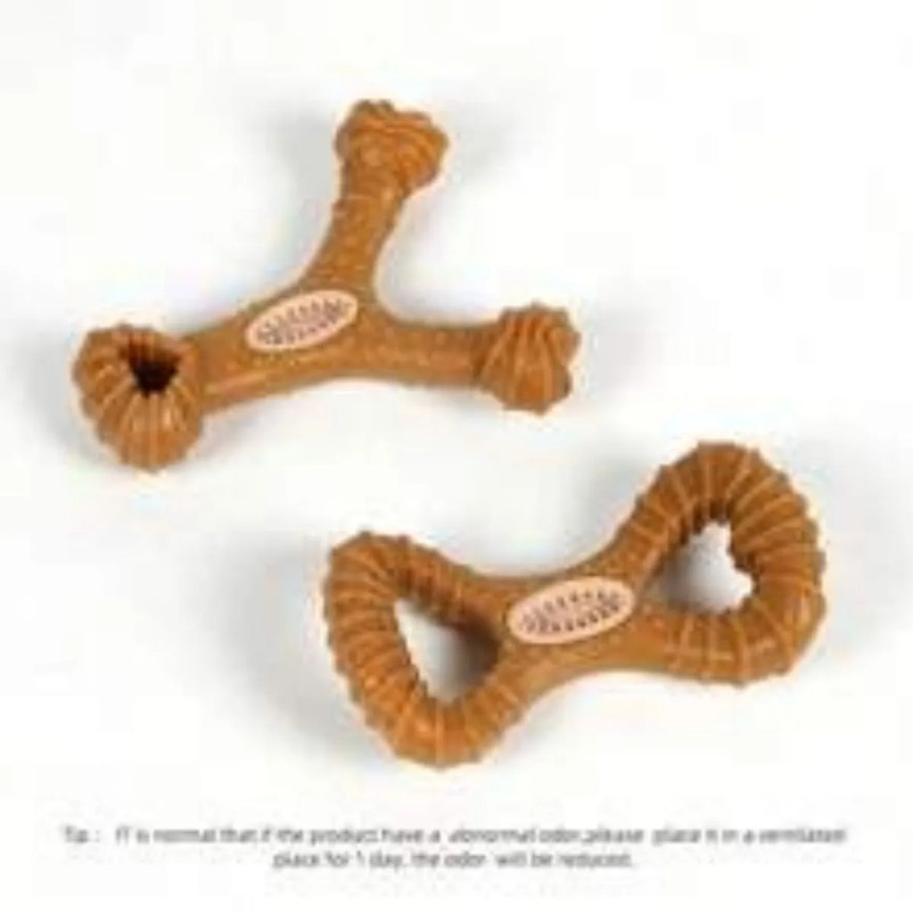 Natural rubber dog chew bone toy in two shapes: an 8-shape and a Y-shape, for teeth cleaning and durable play.
