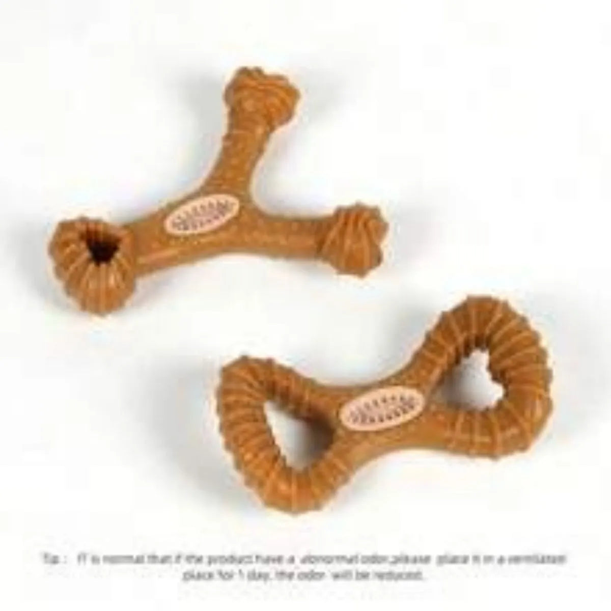 Natural rubber dog chew bone toy in two shapes: an 8-shape and a Y-shape, for teeth cleaning and durable play.