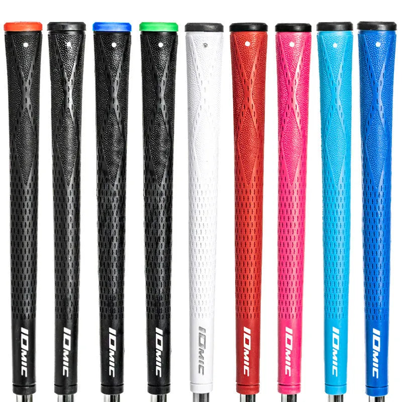 Soft TPE golf club grip shown in various colours including pink, red, blue, white, and black with coloured heads.