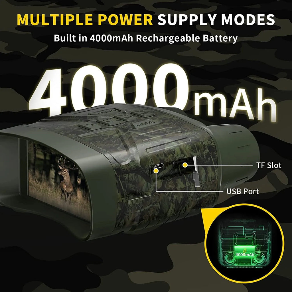 Black handheld 4K night vision monocular with LCD screen showing a clear night-time image.