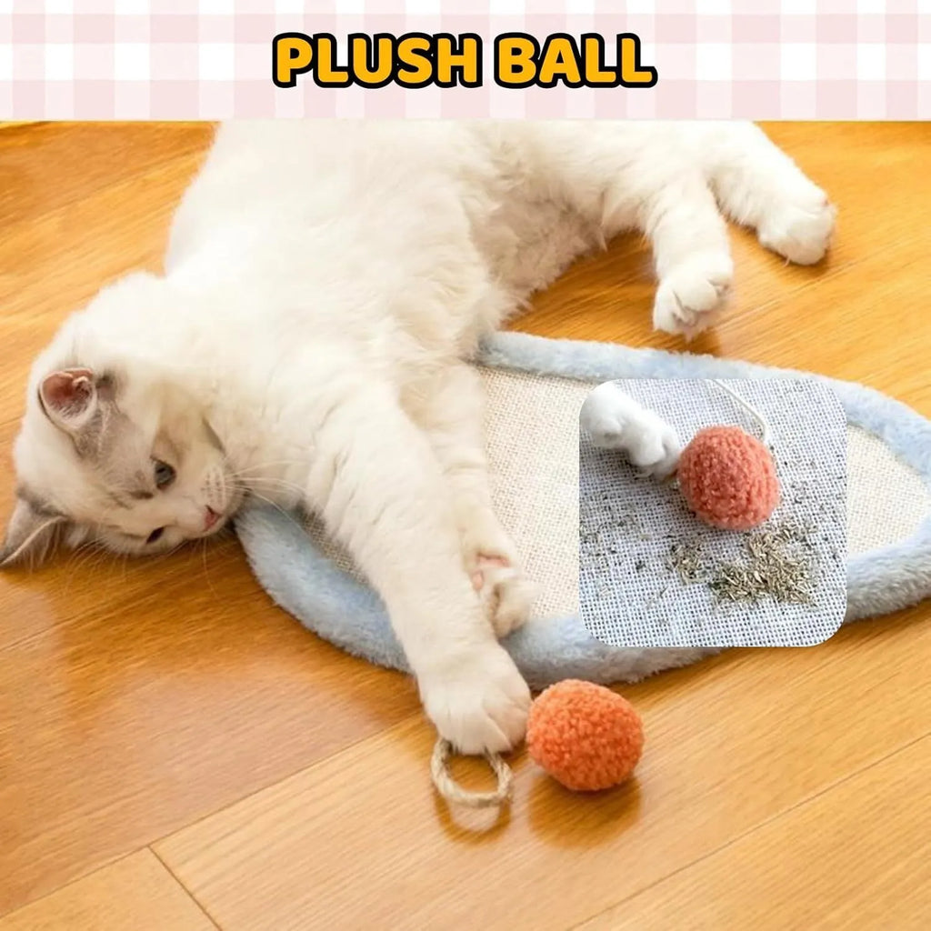 White wall mounted cat scratching mat with sleeping cat cartoon design on natural sisal.