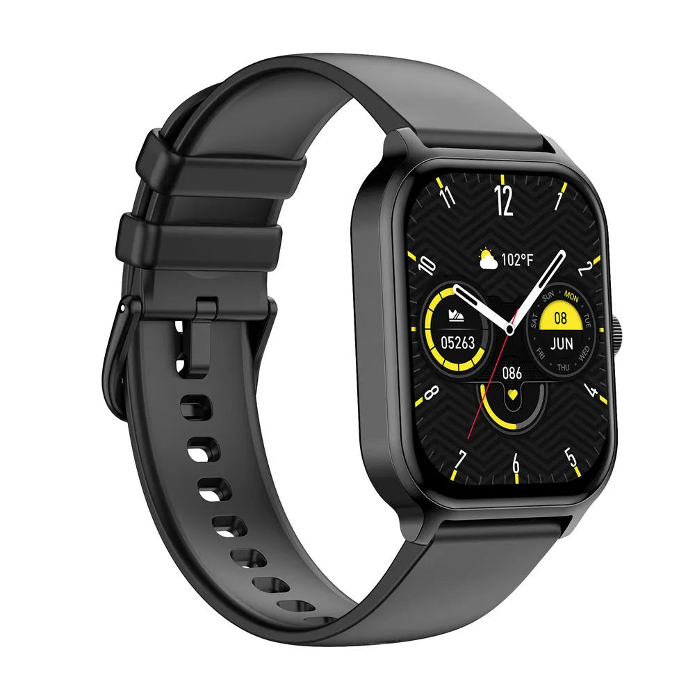 Black Bluetooth calling smartwatch with TFT screen showing heart rate monitoring on a wrist