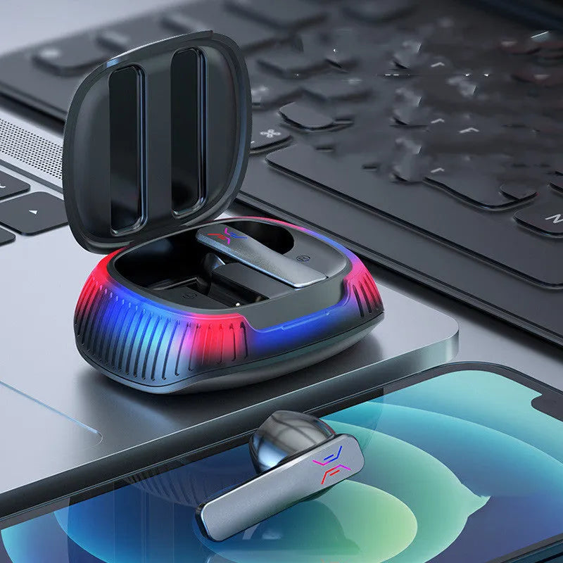 Hall Flashing wireless gaming headset with earplug design in black or white colour options