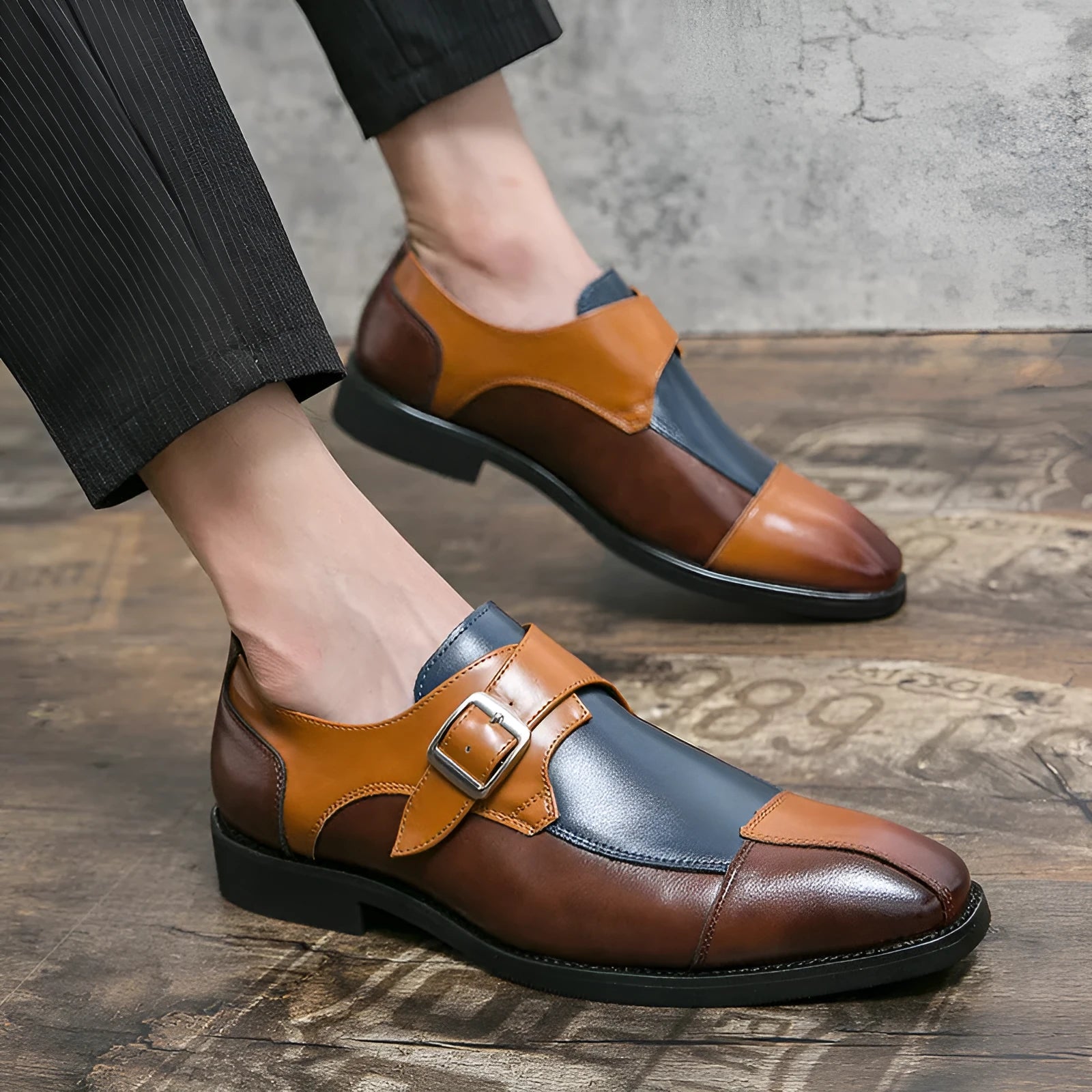 Men's brown blue and black British retro style casual shoes with buckle closure and tall crown