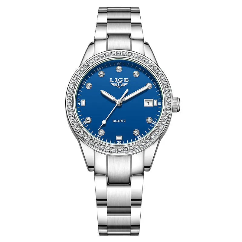 Silver fashion quartz watch with round 34mm dial, diamond markers, and stainless steel case.
