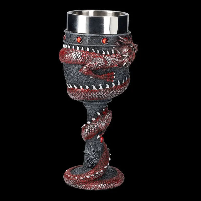Red wine glass with 3D dragon decoration on stainless steel stem in gold colour