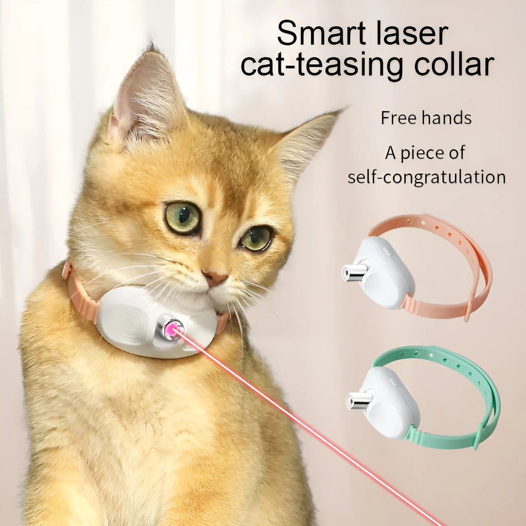 Green and pink USB rechargeable laser cat collar with adjustable strap for automatic feline entertainment
