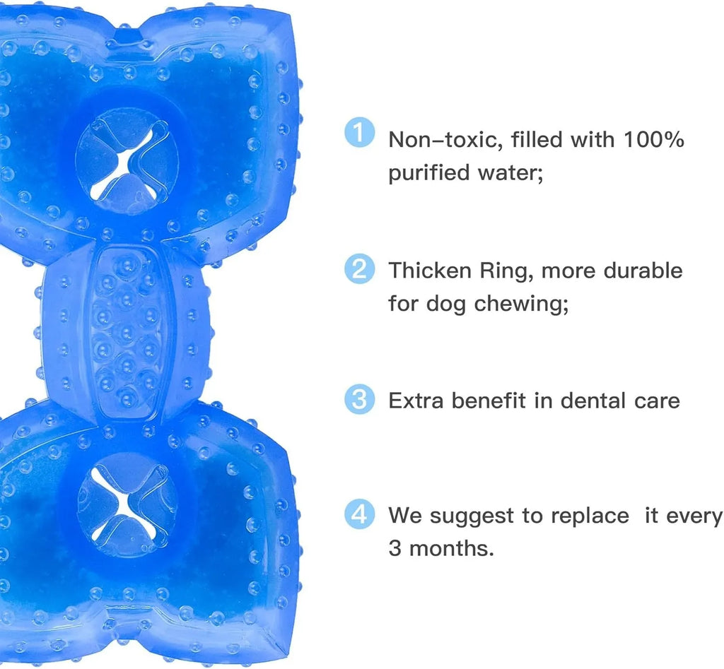 A freezable bone-shaped dog chew toy designed for cooling, teething, and dental care.