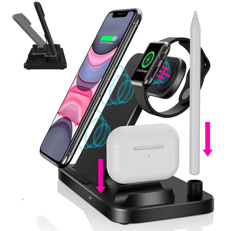 Black foldable 4-in-1 wireless charger showing MagSafe spot for iPhone and Apple Pencil charger, with EU UK US plug options.