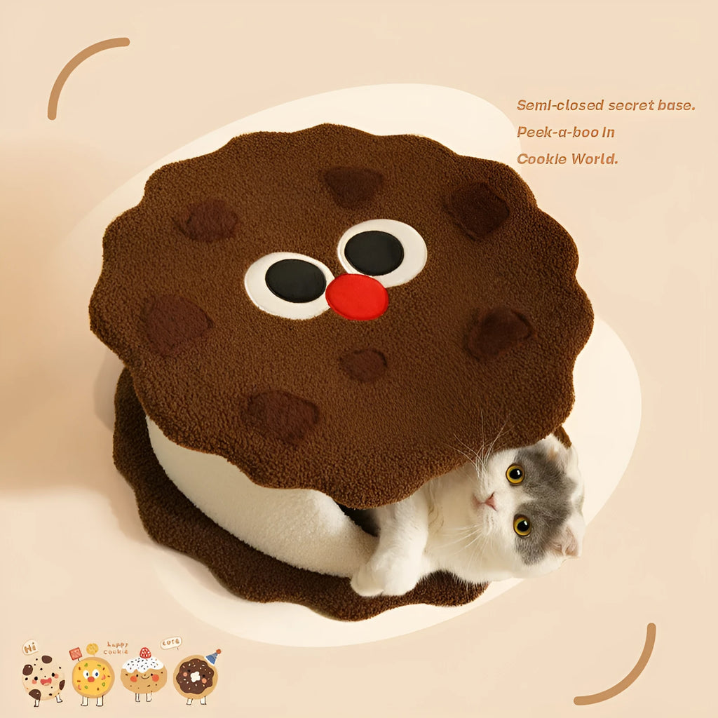 Khaki cookie-shaped enclosed cat bed for winter sleeping